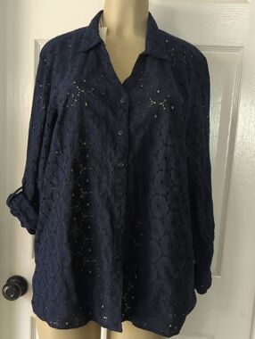 Nicole Miller Navy Floral Eyelet Button-Down Shirt Pit To Pit  21 1/2Inch